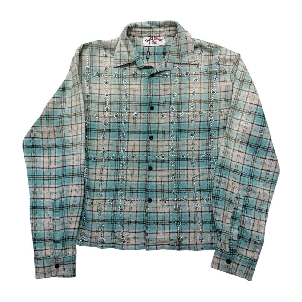 Valley Dreams Studded Little Gems Green Plaid Flannel Shirt